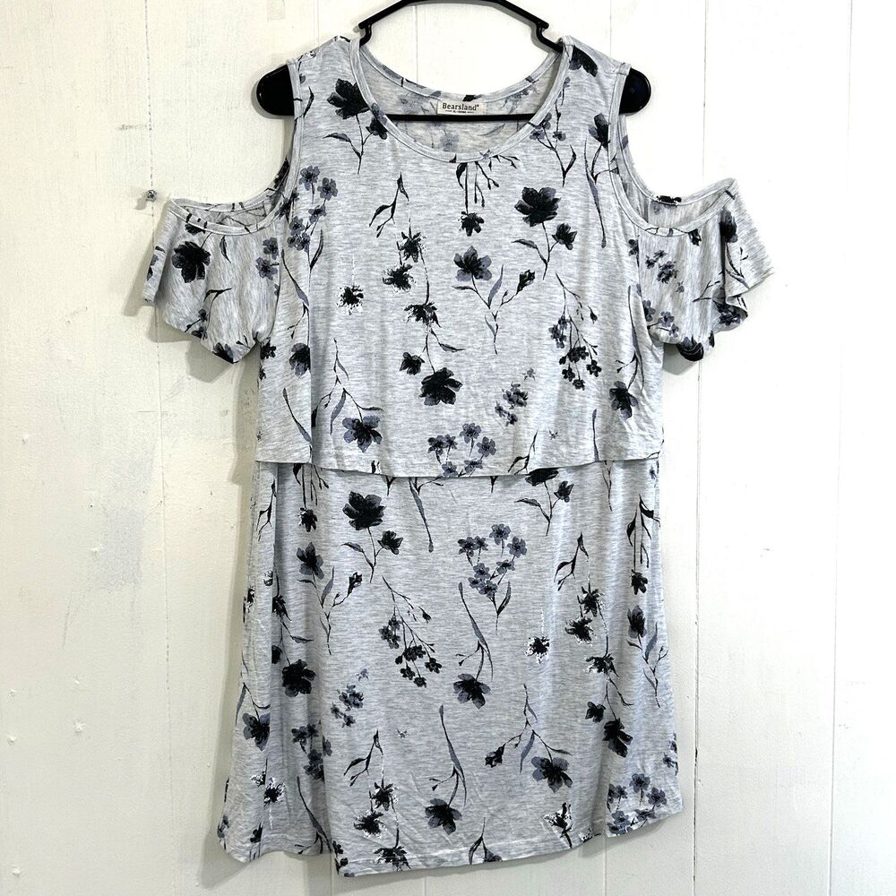 Bearsland Maternity Nursing Breastfeeding Dress Size XL Floral Gray Cream Black